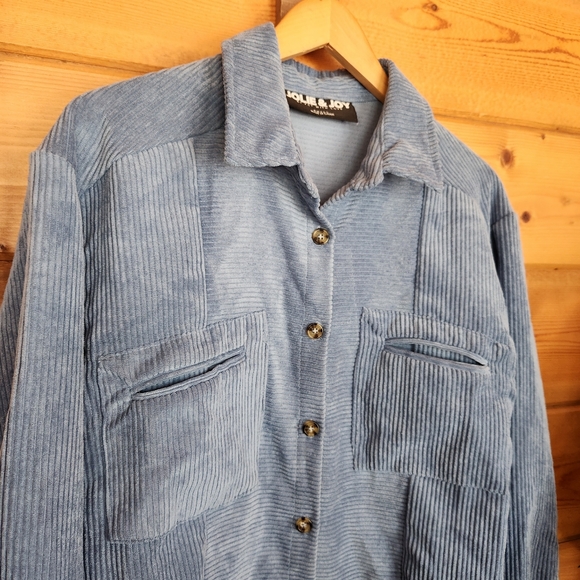 Jolie & Joy Blue Crop Corduroy Jacket Pocket Oversize Terrycloth Shacket Size S - Picture 2 of 10
